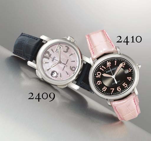 ULYSSE NARDIN. A STAINLESS STEEL DUAL TIME ZONE AUTOMATIC WRISTWATCH WITH CENTRE SECONDS, DATE AND MOTHER-OF-PEARL DIAL