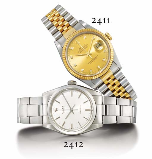 ROLEX. A STAINLESS STEEL, GOLD AND DIAMOND-SET AUTOMATIC WRISTWATCH WITH CENTRE SECONDS, DATE AND BRACELET