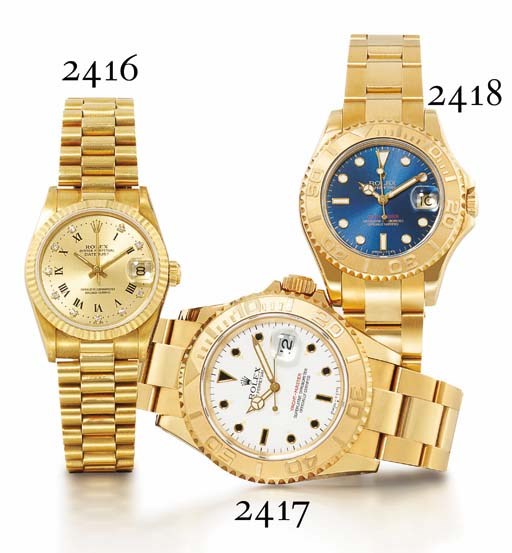 ROLEX. A MID-SIZE 18K GOLD AND DIAMOND-SET AUTOMATIC WRISTWATCH WITH CENTRE SECONDS, DATE AND BRACELET