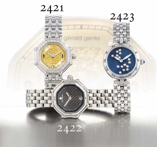 GERALD GENTA. A FINE LADY'S 18K WHITE GOLD, DIAMOND AND YELLOW DIAMOND-SET OCTAGONAL WRISTWATCH WITH DATE AND BRACELET