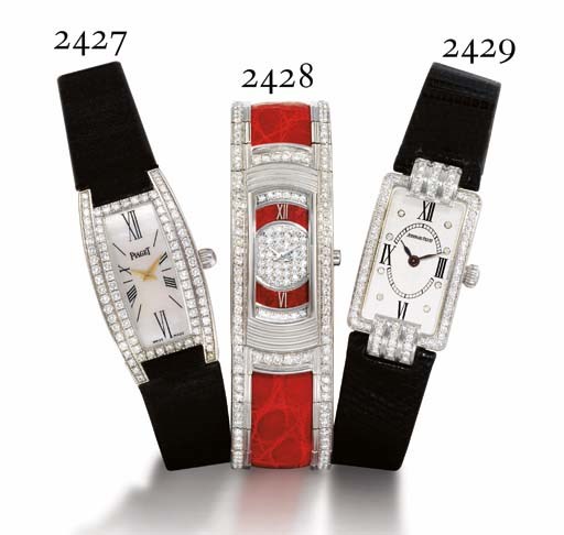 PIAGET. A LADY'S 18K WHITE GOLD AND DIAMOND-SET TONNEAU-SHAPED WRISTWATCH WITH MOTHER-OF-PEARL DIAL