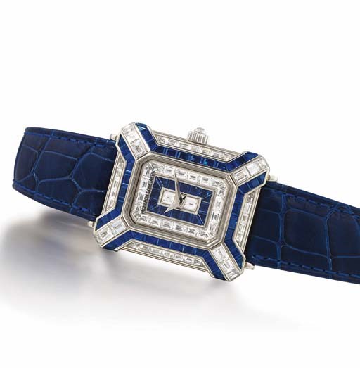 VACHERON CONSTANTIN. A FINE AND RARE LADY'S 18K WHITE GOLD, DIAMOND AND SAPPHIRE-SET RECTANGULAR WRISTWATCH