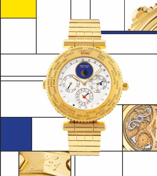 GERALD GENTA. A VERY RARE AND IMPORTANT 18K GOLD AUTOMATIC MINUTE REPEATING PERPETUAL CALENDAR TOURBILLON WORLD TIME WRISTWATCH WITH PHASES OF THE MOON AND BRACELET