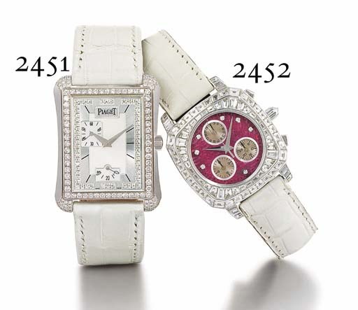 PIAGET. A FINE SPECIAL EDITION 18K WHITE GOLD AND DIAMOND-SET RECTANGULAR AUTOMATIC WRISTWATCH WITH POWER RESERVE AND MOTHER-OF-PEARL DIAL