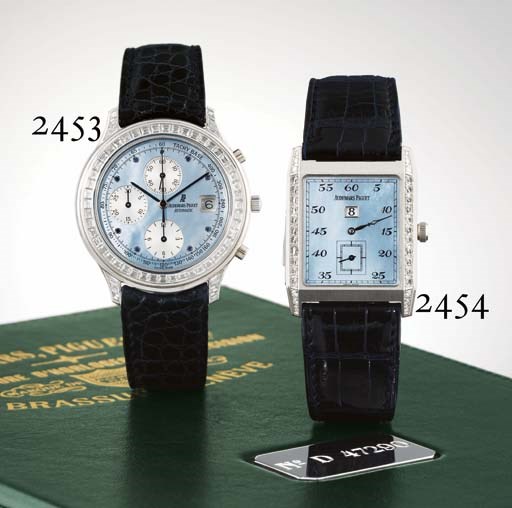 AUDEMARS PIGUET. A FINE AND RARE PLATINUM DIAMOND AND SAPPHIRE-SET AUTOMATIC CHRONOGRAPH WRISTWATCH WITH DATE AND MOTHER-OF-PEARL DIAL