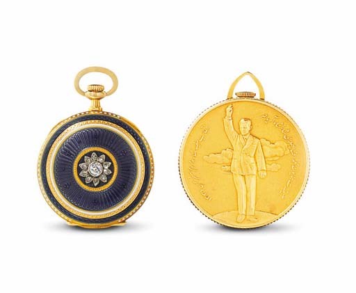 VACHERON & CONSTANTIN. AN 18K GOLD, ENAMEL AND DIAMOND SET FOB WATCH AND AN 18K GOLD MEDALLION SET WITH A WATCH