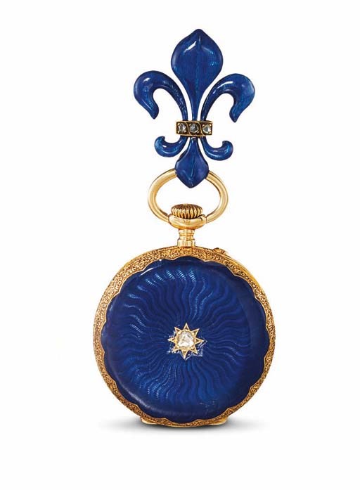 PATEK PHILIPPE. A LADY'S 18K GOLD AND DIAMOND-SET ENAMEL OPENFACE KEYLESS LEVER PENDANT WATCH