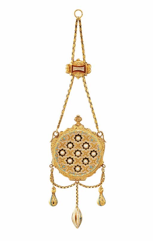 COURVOISIER. A VERY DECORATIVE GOLD, ENAMEL AND SPLIT PEARL-SET CYLINDER FOB WATCH DESIGNED AS A BROOCH