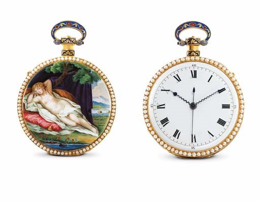 PIGUET & MEYLAN. AN 18K GOLD, ENAMEL AND SEED PEARL MUSICAL CENTRE SECONDS OPENFACE CYLINDER POCKET WATCH, MADE FOR THE CHINESE MARKET