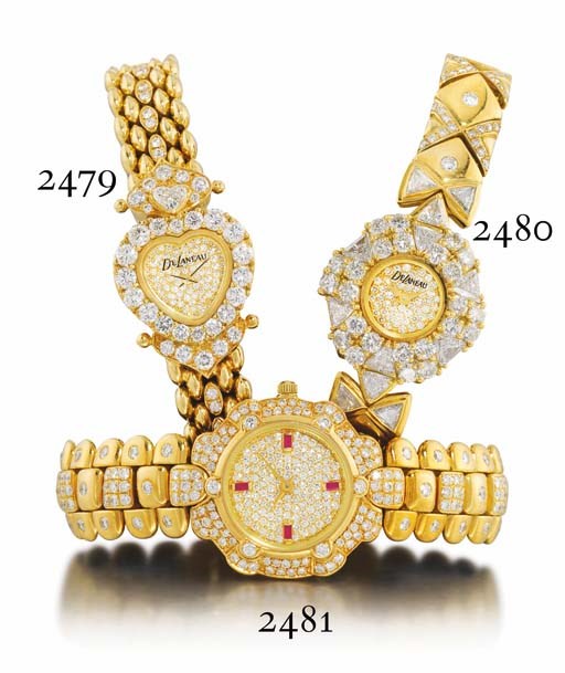 DELANEAU. A LADY'S 18K GOLD, DIAMOND AND RUBY-SET WRISTWATCH WITH BRACELET
