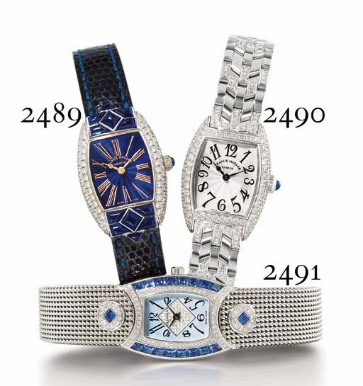 FRANCK MULLER. A FINE LADY'S 18K WHITE GOLD, DIAMOND AND SAPPHIRE-SET TONNEAU-SHAPED WRISTWATCH WITH BLUE GUILLOCHÉ ENAMEL DIAL