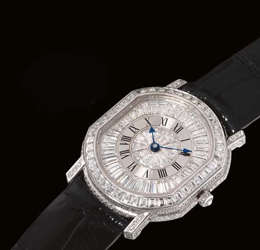 DANIEL ROTH. A FINE AND RARE 18K WHITE GOLD AND DIAMOND-SET TONNEAU-SHAPED AUTOMATIC WRISTWATCH