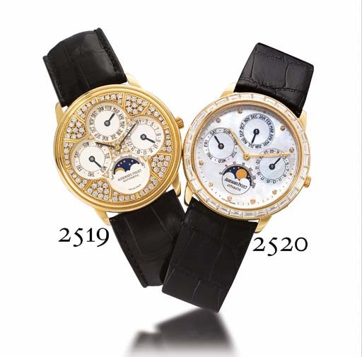 AUDEMARS PIGUET. A VERY RARE 18K GOLD AND DIAMOND-SET AUTOMATIC PERPETUAL CALENDAR WRISTWATCH WITH PHASES OF THE MOON AND MOTHER-OF-PEARL DIAL