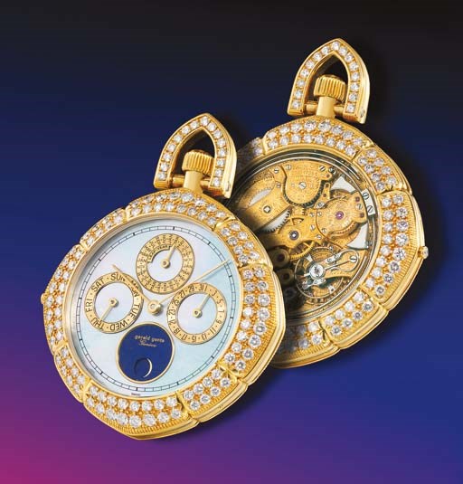 GERALD GENTA. A VERY RARE AND IMPORTANT 18K GOLD AND DIAMOND-SET MINUTE REPEATING PERPETUAL CALENDAR OPENFACE POCKET WATCH WITH MOTHER-OF-PEARL DIAL