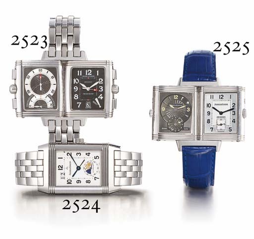 JAEGER-LECOULTRE. A STAINLESS STEEL RECTANGULAR DOUBLE DIAL DUAL TIME ZONE REVERSIBLE WRISTWATCH WITH 24 HOUR INDICATION