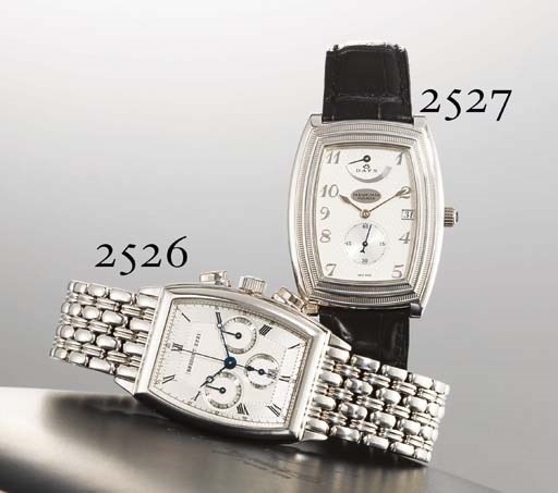 BREGUET. A FINE AND RARE PLATINUM TONNEAU-SHAPED AUTOMATIC CHRONOGRAPH WRISTWATCH WITH DATE AND BRACELET