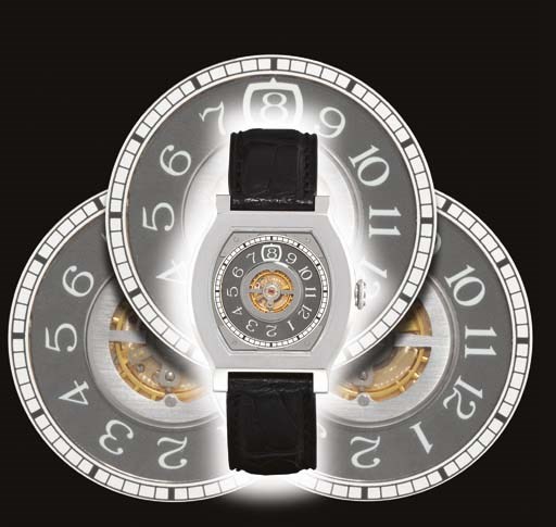 F.P. JOURNE. A VERY RARE AND UNUSUAL LIMITED EDITION PLATINUM TONNEAU-SHAPED MYSTERY WRISTWATCH