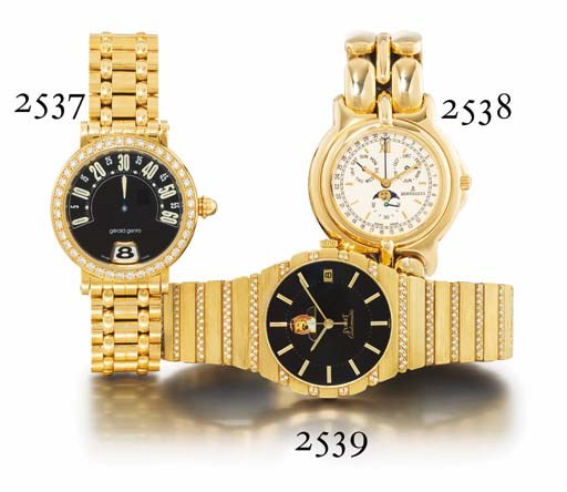 PIAGET. AN 18K GOLD AND DIAMOND-SET AUTOMATIC WRISTWATCH WITH CENTRE SECONDS, DATE AND BRACELET