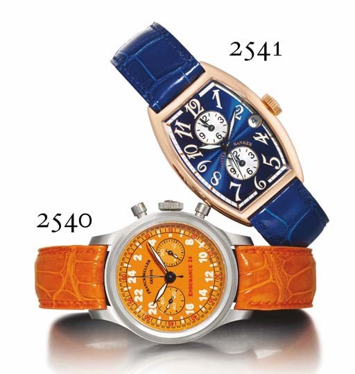 FRANCK MULLER. AN 18K PINK GOLD TONNEAU-SHAPED AUTOMATIC TRIPLE TIME ZONE WRISTWATCH WITH CENTRE SECONDS, DATE AND BLUE GUILLOCHÉ ENAMEL DIAL