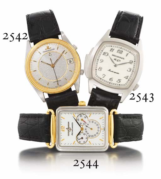 JAEGER-LECOULTRE. A STAINLESS STEEL AND GOLD WRISTWATCH WITH CENTRE SECONDS, DATE AND ALARM