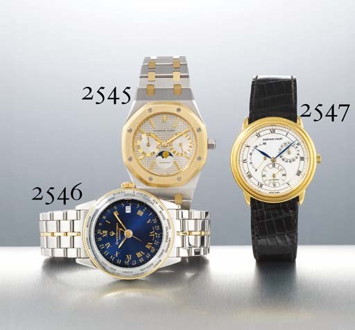 AUDEMARS PIGUET. A STAINLESS STEEL AND GOLD TONNEAU-SHAPED AUTOMATIC WRISTWATCH WITH DAY, DATE, PHASES OF THE MOON AND BRACELET