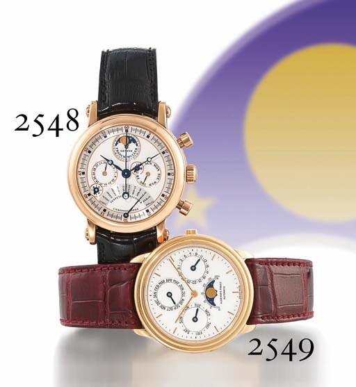 FRANCK MULLER. A FINE 18K PINK GOLD AUTOMATIC PERPETUAL CALENDAR CHRONOGRAPH WRISTWATCH WITH PHASES OF THE MOON AND RETROGRADE EQUATION OF TIME