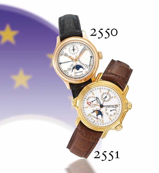 JAEGER-LECOULTRE. A FINE AND RARE LIMITED EDITION 18K GOLD AUTOMATIC PERPETUAL CALENDAR WRISTWATCH WITH CENTRE SECONDS, PHASES OF THE MOON AND ALARM
