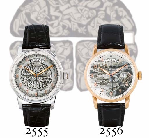 ZANNETTI. AN 18K GOLD AUTOMATIC WRISTWATCH WITH DAY, DATE AND CENTRE SECONDS