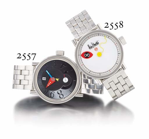ALAIN SILBERSTEIN. A RARE LIMITED EDITION STAINLESS STEEL WANDERING HOUR WRISTWATCH CENTRE SECONDS AND BRACELET