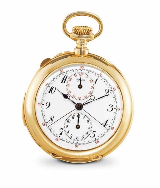 TIFFANY. A FINE AND RARE 18K GOLD FIVE MINUTE REPEATING SPLIT SECONDS CHRONOGRAPH OPENFACE KEYLESS LEVER POCKET WATCH