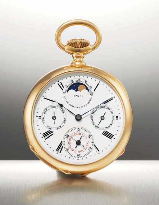 PATEK PHILIPPE. A FINE AND RARE 18K PINK GOLD PERPETUAL CALENDAR OPENFACE POCKET WATCH WITH PHASES OF THE MOON