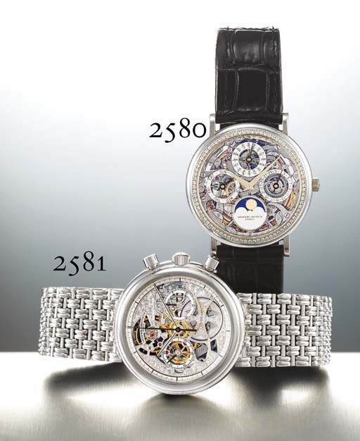 VACHERON CONSTANTIN. A FINE AND RARE PLATINUM AND DIAMOND-SET SKELETONISED AUTOMATIC PERPETUAL CALENDAR WRISTWATCH WITH PHASES OF THE MOON