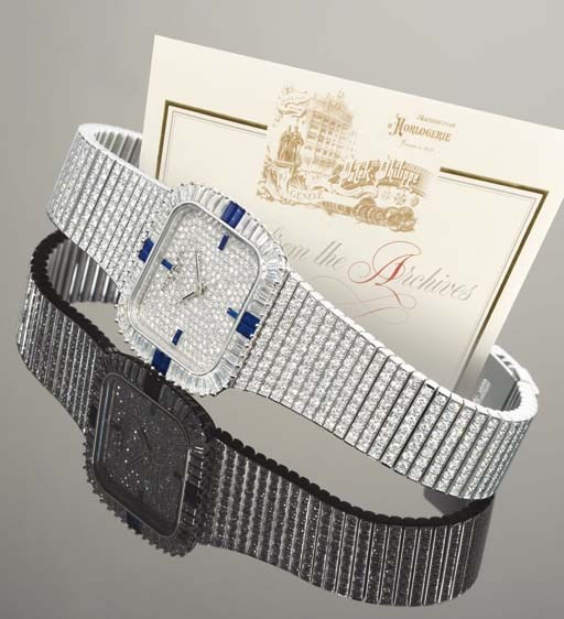 PATEK PHILIPPE. A FINE 18K WHITE GOLD, DIAMOND AND SAPPHIRE-SET SQUARE WRISTWATCH WITH BRACELET