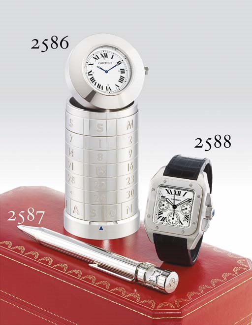 CARTIER. A LIMITED EDITION PLATINUM-PLATED CIGARETTE BOX WITH CALENDAR AND CLOCK
