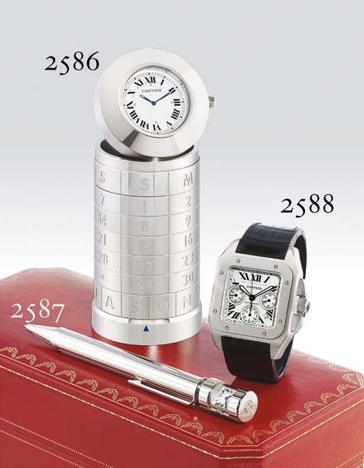 CARTIER. A LIMITED EDITION PLATINUM-PLATED BALLPOINT PEN WITH WATCH