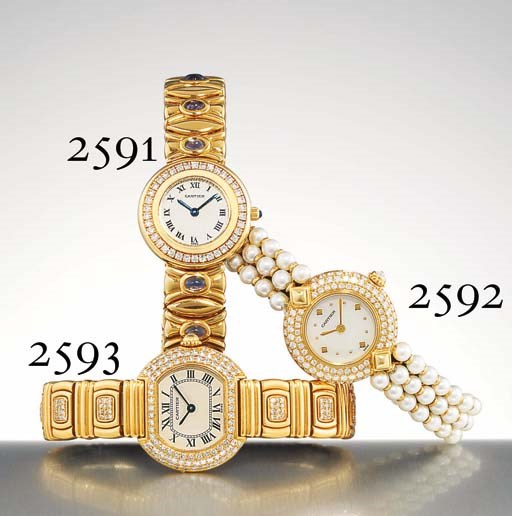 CARTIER. A LADY'S 18K GOLD AND DIAMOND-SET WRISTWATCH WITH CULTURED PEARL BRACELET