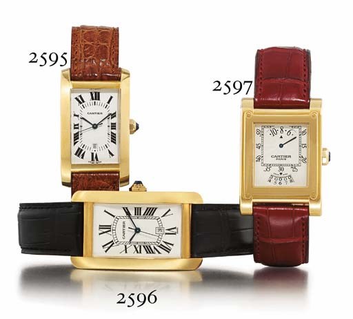 CARTIER. A FINE 18K GOLD RECTANGULAR WRISTWATCH WITH WANDERING HOUR AND DATE