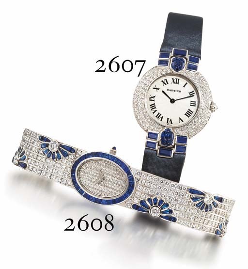 CARTIER. A FINE LADY'S 18K WHITE GOLD, DIAMOND AND SAPPHIRE-SET WRISTWATCH