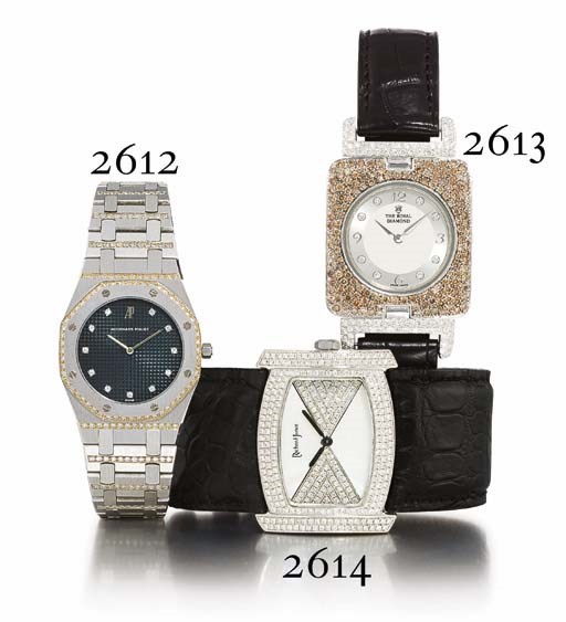 RICHARD JUNOT. AN 18K WHITE GOLD AND DIAMOND-SET RECTANGULAR WRISTWATCH WITH MOTHER-OF-PEARL DIAL