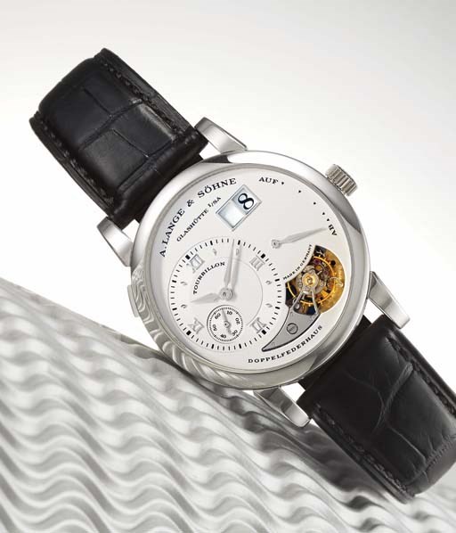 A. LANGE & SOHNE. A VERY FINE AND RARE LIMITED EDITION PLATINUM TOURBILLON WRISTWATCH WITH DATE AND POWER RESERVE