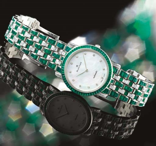 BLANCPAIN. AN EXQUISITE AND UNIQUE PLATINUM, DIAMOND AND EMERALD-SET AUTOMATIC WRISTWATCH WITH MOTHER-OF-PEARL DIAL