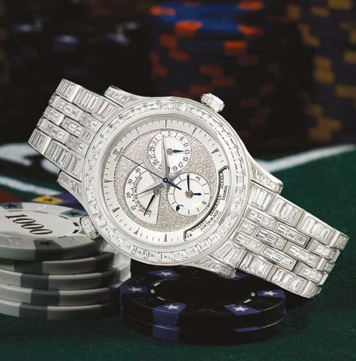 JAEGER-LECOULTRE. A MAGNIFICENT 18K WHITE GOLD AND DIAMOND-SET AUTOMATIC DUAL TIME AND WORLD TIME WRISTWATCH WITH CENTRE SECONDS, DATE, POWER RESERVE AND BRACELET