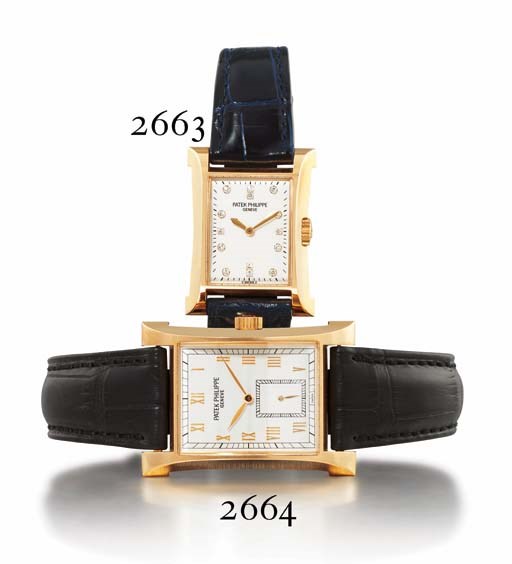PATEK PHILIPPE. A FINE AND RARE LIMITED EDITION 18K PINK GOLD FLARED RECTANGULAR WRISTWATCH