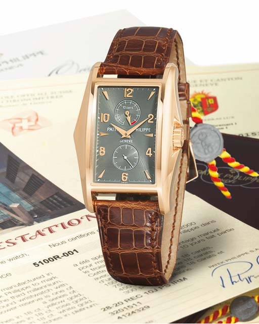 PATEK PHILIPPE. A VERY FINE AND RARE LIMITED EDITION 18K PINK GOLD FLARED RECTANGULAR WRISTWATCH WITH TEN-DAY POWER RESERVE