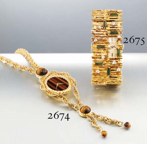 EBEL. A FINE AND UNUSUAL 18K GOLD, DIAMOND AND TOURMALINE SET "BAMBOO" STYLE BRACELET WATCH