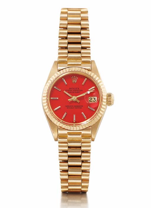 ROLEX. A LADY'S 18K PINK GOLD AUTOMATIC CENTRE SECONDS WRISTWATCH WITH DATE, BRACELET AND ORANGE DIAL