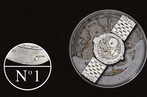 GERALD GENTA. A FINE AND RARE PLATINUM AND DIAMOND-SET SKELETONISED AUTOMATIC MINUTE REPEATING PERPETUAL CALENDAR WRISTWATCH WITH PHASES OF THE MOON AND BRACELET