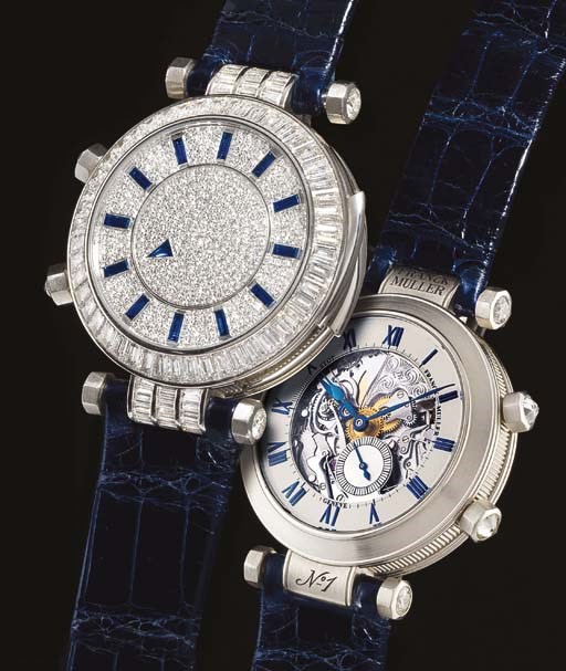 FRANCK MULLER. A VERY IMPORTANT, FINE AND UNIQUE PLATINUM AND DIAMOND-SET DOUBLE DIAL DUAL TIME ZONE AND DUAL MINUTE REPEATING WRISTWATCH
