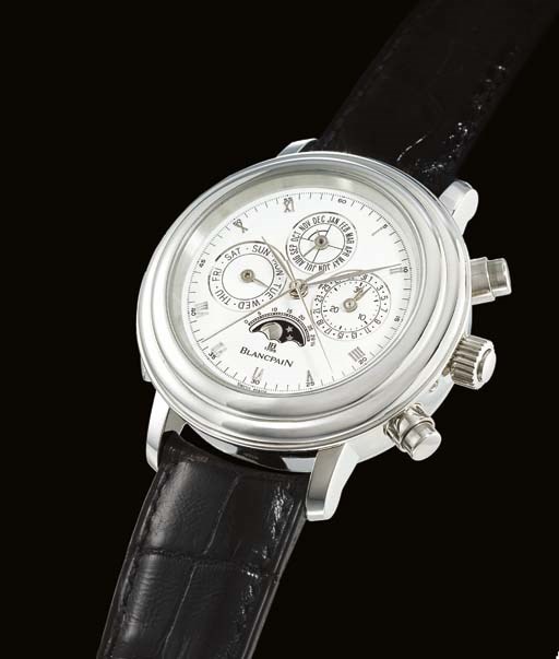 BLANCPAIN. A VERY IMPORTANT AND EXTREMELY RARE LIMITED EDITION PLATINUM MINUTE REPEATING PERPETUAL CALENDAR SPLIT SECONDS CHRONOGRAPH AUTOMATIC WRISTWATCH WITH TOURBILLON AND PHASES OF THE MOON