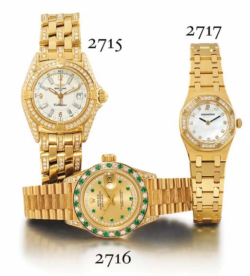 AUDEMARS PIGUET. A LADY'S 18K GOLD AND DIAMOND-SET TONNEAU-SHAPED WRISTWATCH WITH BRACELET AND MOTHER-OF-PEARL DIAL